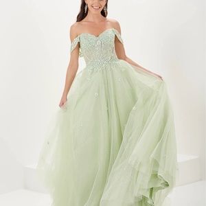 Tiffany Designs- 16064 Mint Off-the-Shoulder 3-D Floral Corset Lace Up Dress